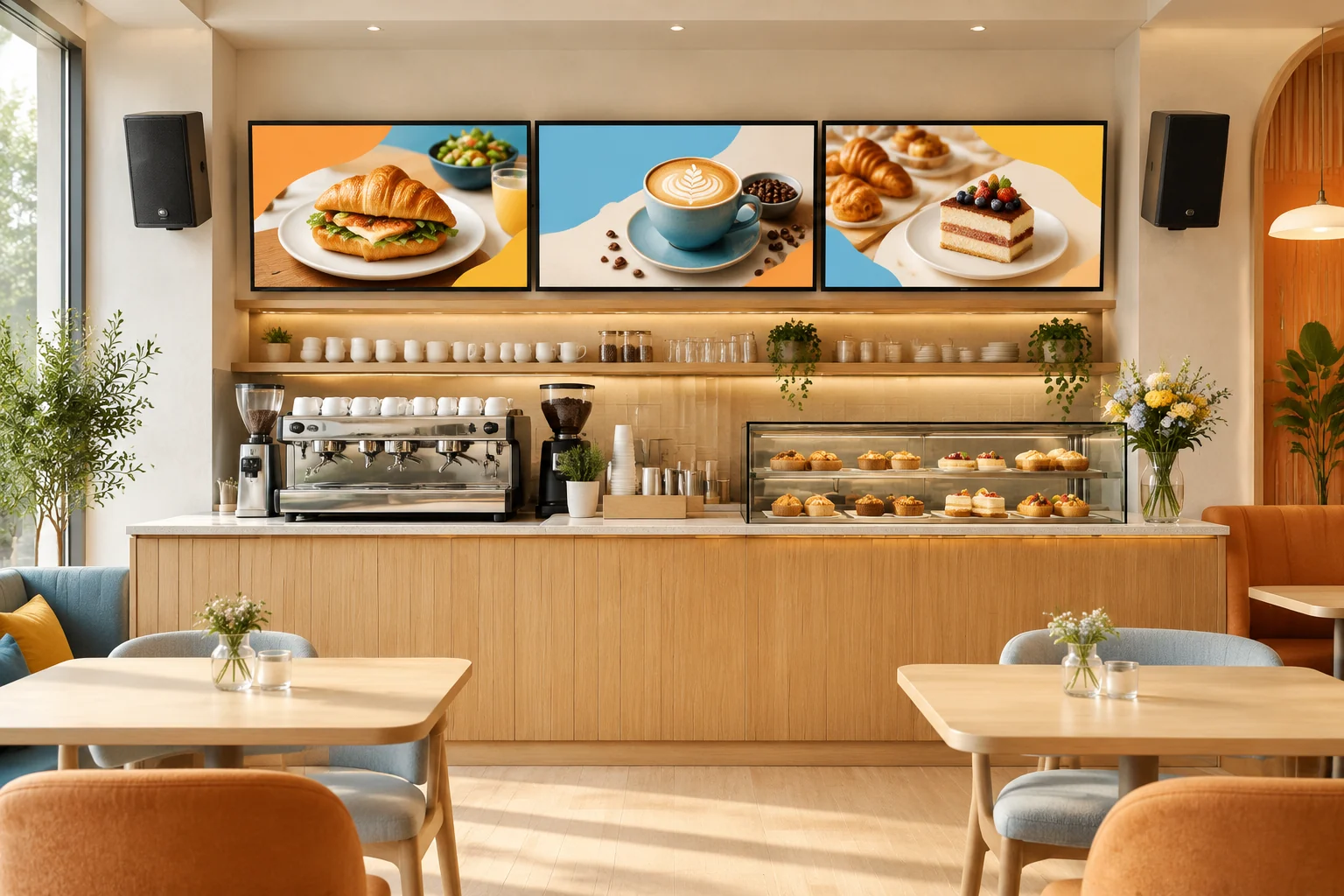 Illustrative café with digital menu boards and wall-mounted speakers for background music